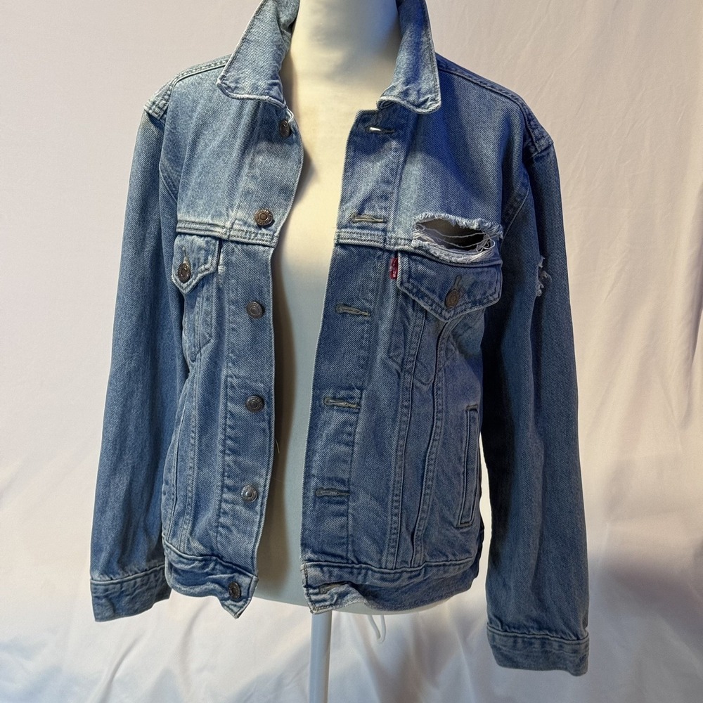 Levi's Distressed Ripped Denim Trucker Jacket Women's XS Light Wash 100% Cotton